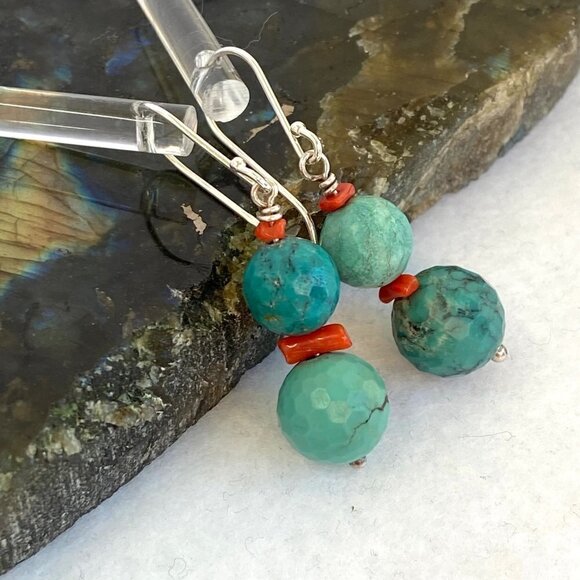 Sterling Silver 925 1.7" Faceted Turquoise Red Coral Beaded Dangle Drop Earrings - Picture 3 of 16